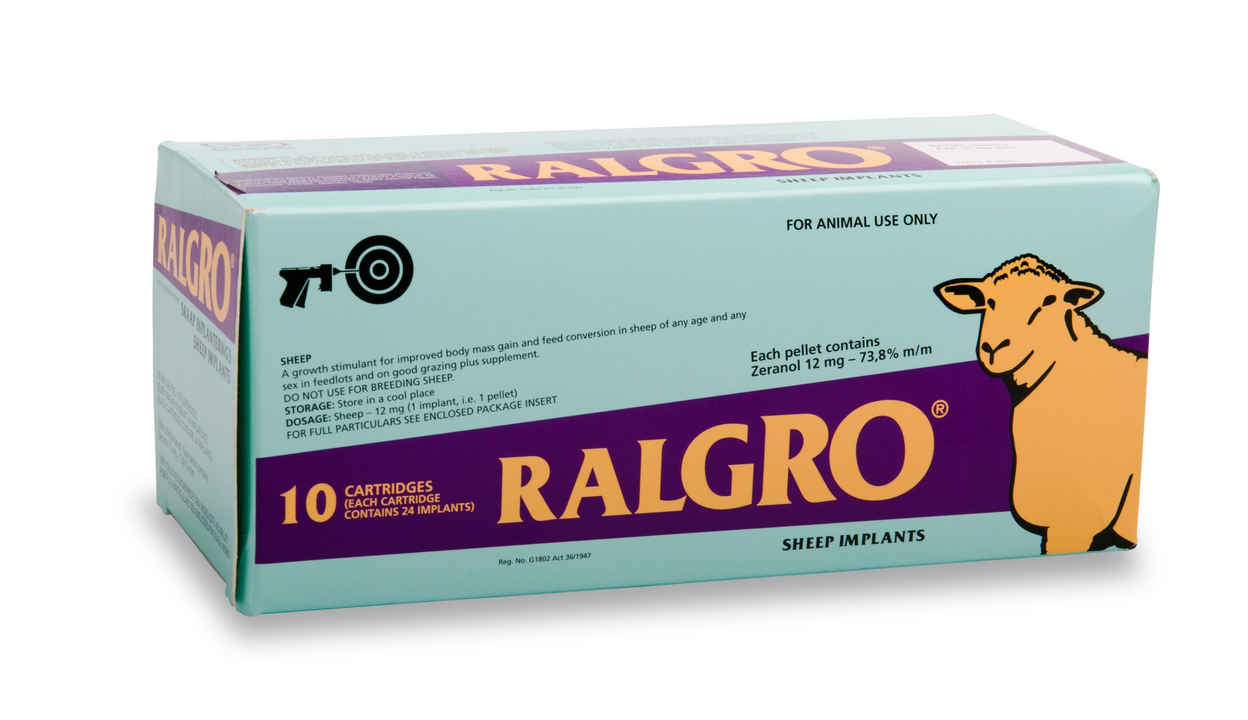 MSD Ralgro Sheep box with 10 cartridges of Zeranol implants for growth promotion in feedlot sheep