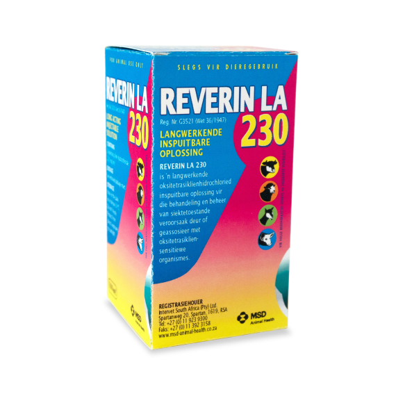MSD Reverin LA 230 500ml bottle – long-acting oxytetracycline antibiotic for livestock