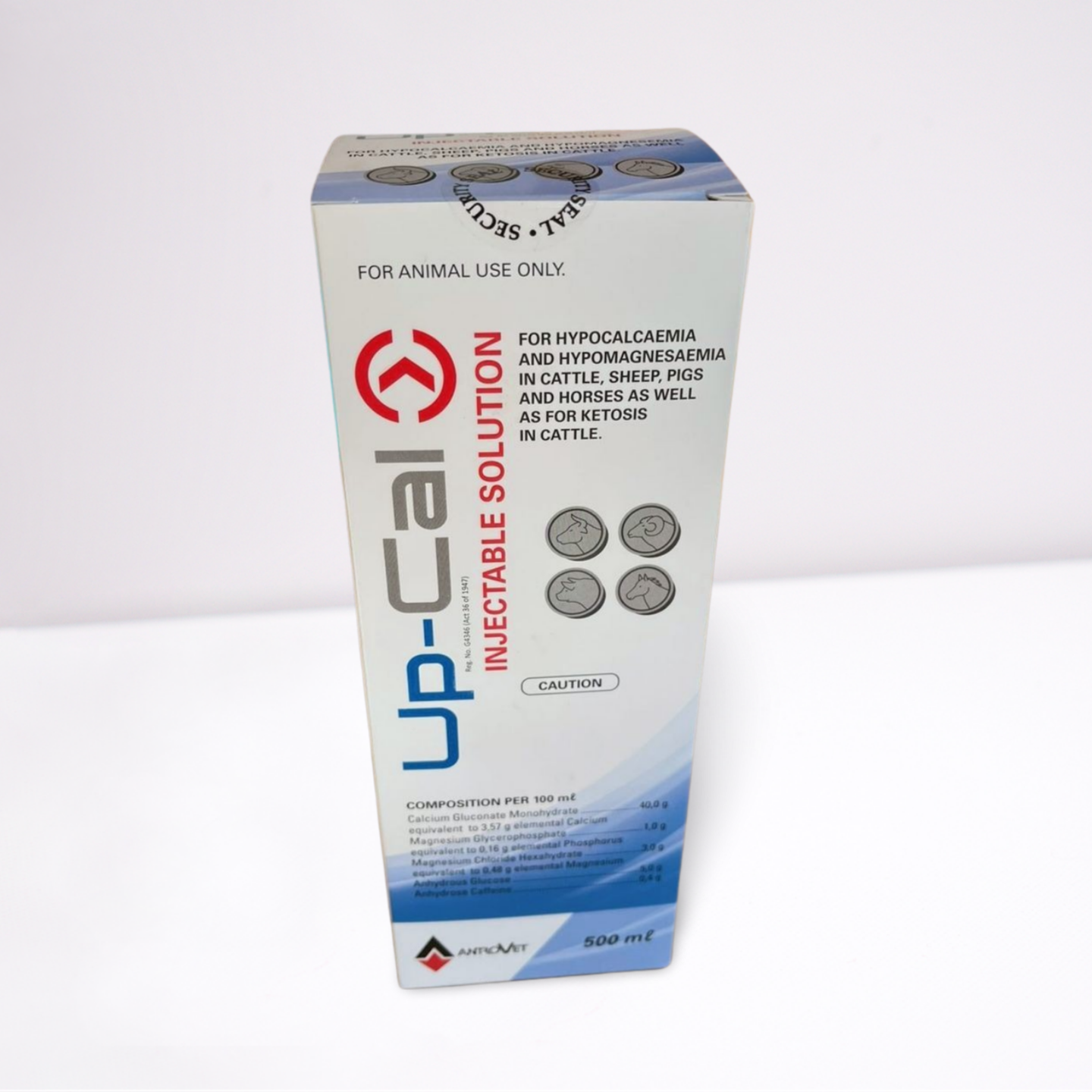 Large 500ml bottle of Antrovet Up-Cal injection for treating milk fever in livestock