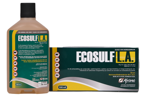 Ecosulf L.A. injection bottle – multi-species antibiotic for scours, pneumonia, joint-ill and footrot